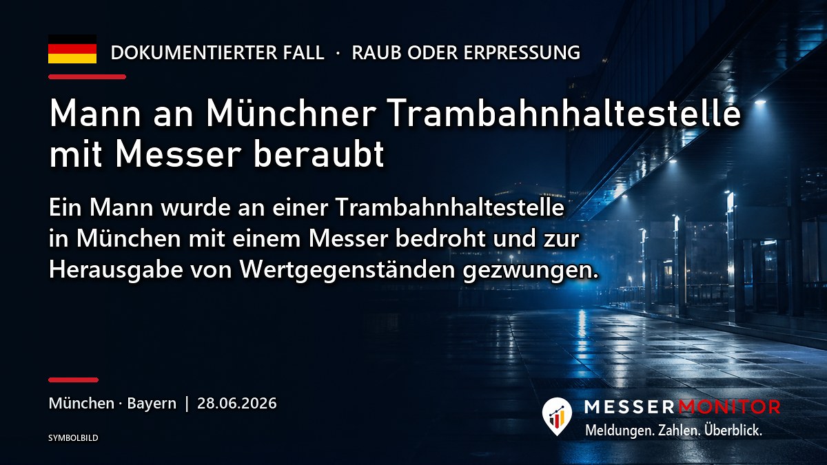 Titelgrafik: Mann an Münchner Trambahnhaltestelle mit Messer beraubt. Ein Mann wurde an einer Trambahnhaltestelle in München mit einem Messer bedroht und zur Herausgabe von Wertgegenständen gezwungen..
