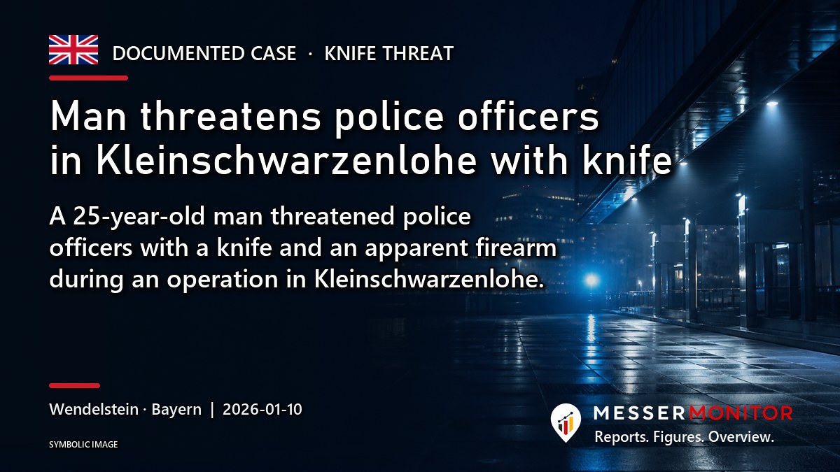 Title image: Man threatens police officers in Kleinschwarzenlohe with knife. A 25-year-old man threatened police officers with a knife and an apparent firearm during an operation in Kleinschwarzenlohe..