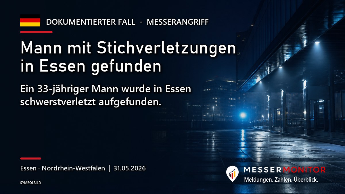 Titelgrafik: Mann mit Stichverletzungen in Essen gefunden. Ein 33-jähriger Mann wurde in Essen schwerstverletzt aufgefunden..