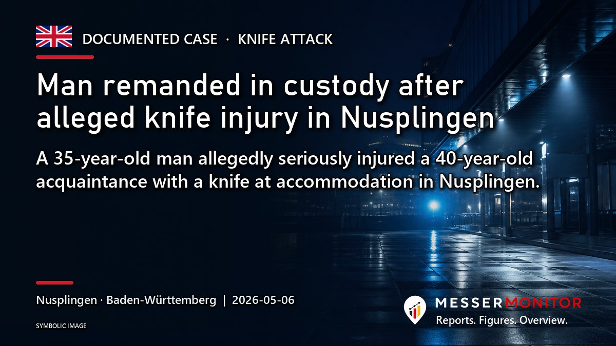 Title image: Man remanded in custody after alleged knife injury in Nusplingen. A 35-year-old man allegedly seriously injured a 40-year-old acquaintance with a knife at accommodation in Nusplingen..