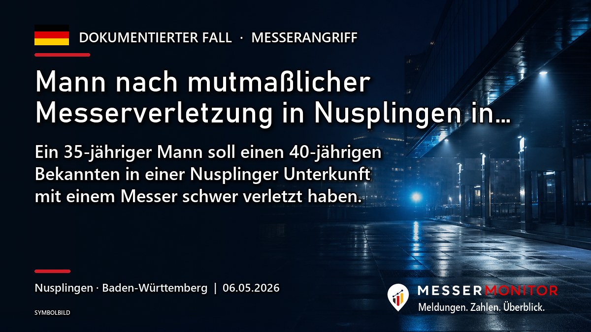 Titelgrafik: Mann nach mutmaßlicher Messerverletzung in Nusplingen in…. Ein 35-jähriger Mann soll einen 40-jährigen Bekannten in einer Nusplinger Unterkunft mit einem Messer schwer verletzt haben..
