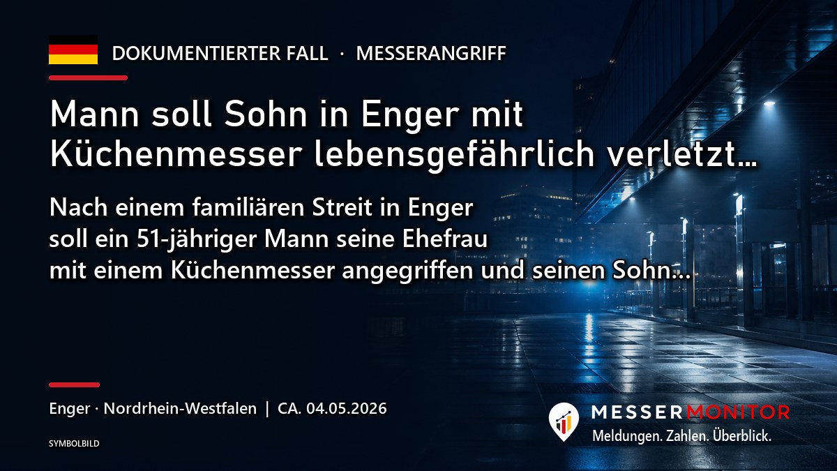 Titelgrafik: Mann soll Sohn in Enger mit Küchenmesser lebensgefährlich verletzt…. Nach einem familiären Streit in Enger soll ein 51-jähriger Mann seine Ehefrau mit einem Küchenmesser angegriffen und seinen Sohn….