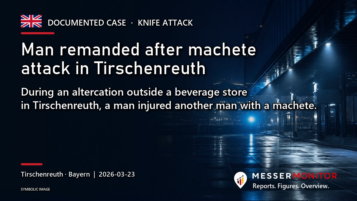Title image: Man remanded after machete attack in Tirschenreuth. During an altercation outside a beverage store in Tirschenreuth, a man injured another man with a machete..