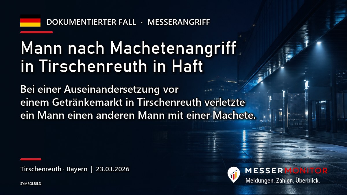Titelgrafik: Mann nach Machetenangriff in Tirschenreuth in Haft. Bei einer Auseinandersetzung vor einem Getränkemarkt in Tirschenreuth verletzte ein Mann einen anderen Mann mit einer Machete..