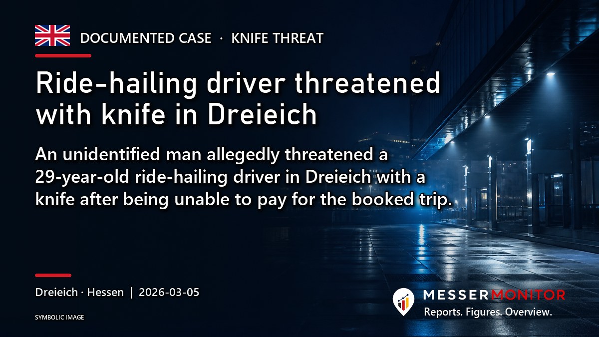 Title image: Ride-hailing driver threatened with knife in Dreieich. An unidentified man allegedly threatened a 29-year-old ride-hailing driver in Dreieich with a knife after being unable to pay for the booked trip..
