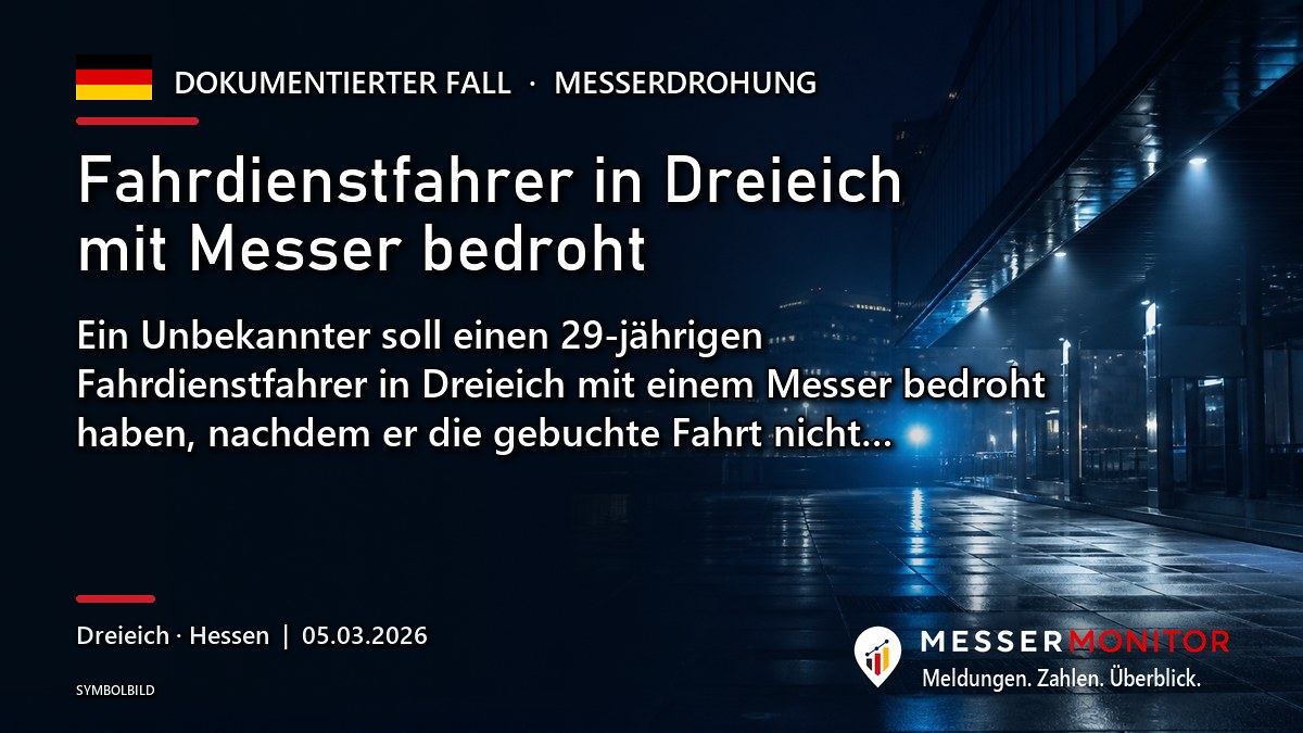 Titelgrafik: Fahrdienstfahrer in Dreieich mit Messer bedroht. Ein Unbekannter soll einen 29-jährigen Fahrdienstfahrer in Dreieich mit einem Messer bedroht haben, nachdem er die gebuchte Fahrt nicht….