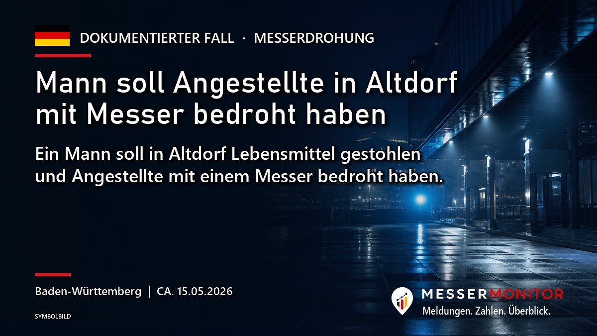 Titelgrafik: Mann soll Angestellte in Altdorf mit Messer bedroht haben. Ein Mann soll in Altdorf Lebensmittel gestohlen und Angestellte mit einem Messer bedroht haben..