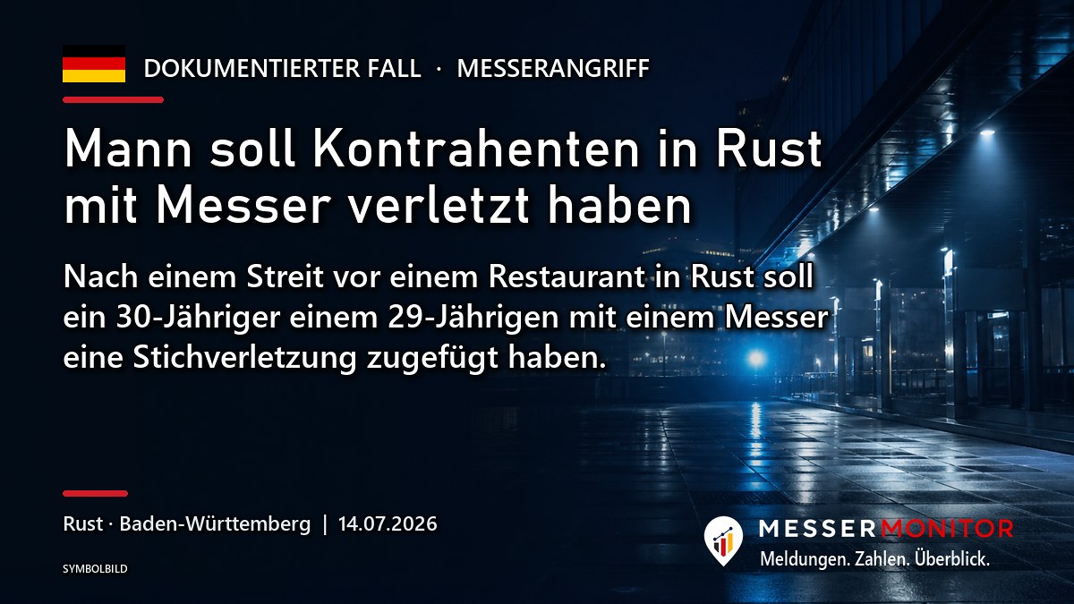 Titelgrafik: Mann soll Kontrahenten in Rust mit Messer verletzt haben. Nach einem Streit vor einem Restaurant in Rust soll ein 30-Jähriger einem 29-Jährigen mit einem Messer eine Stichverletzung zugefügt haben..