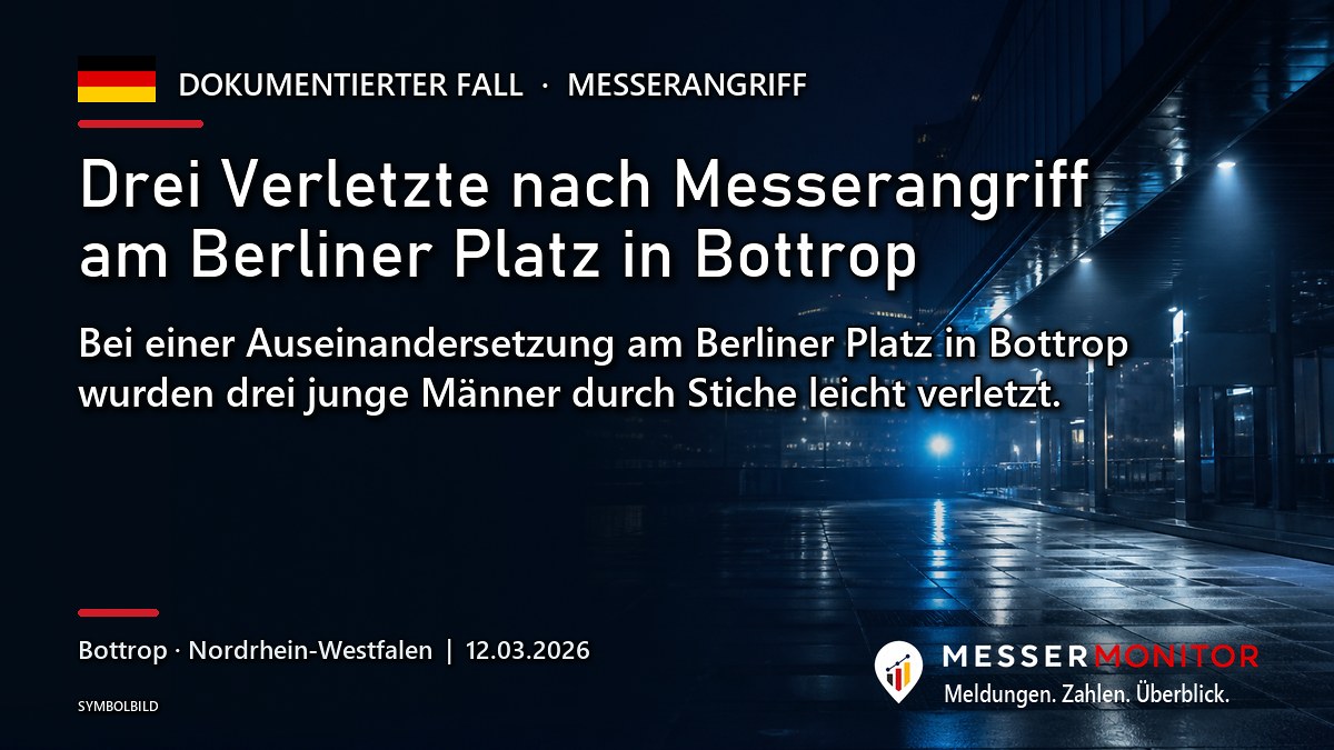 Titelgrafik: Drei Verletzte nach Messerangriff am Berliner Platz in Bottrop. Bei einer Auseinandersetzung am Berliner Platz in Bottrop wurden drei junge Männer durch Stiche leicht verletzt..