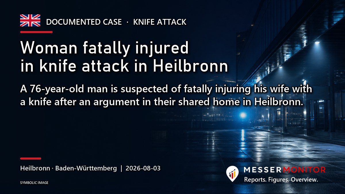 Title image: Woman fatally injured in knife attack in Heilbronn. A 76-year-old man is suspected of fatally injuring his wife with a knife after an argument in their shared home in Heilbronn..