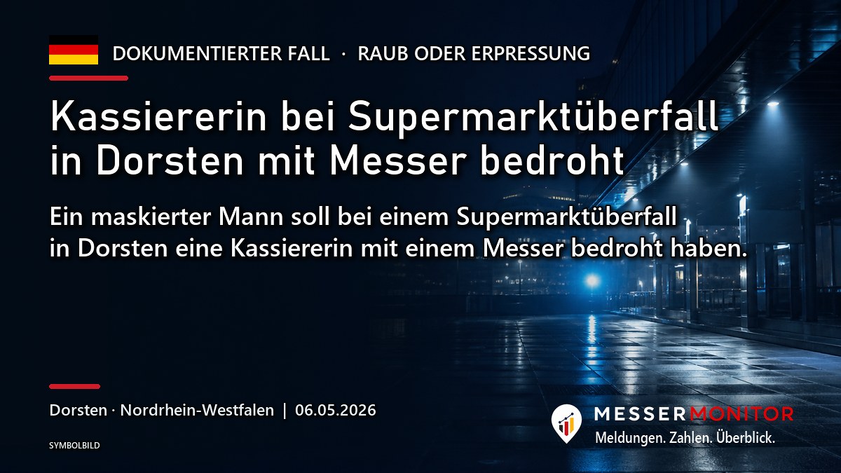 Titelgrafik: Kassiererin bei Supermarktüberfall in Dorsten mit Messer bedroht. Ein maskierter Mann soll bei einem Supermarktüberfall in Dorsten eine Kassiererin mit einem Messer bedroht haben..
