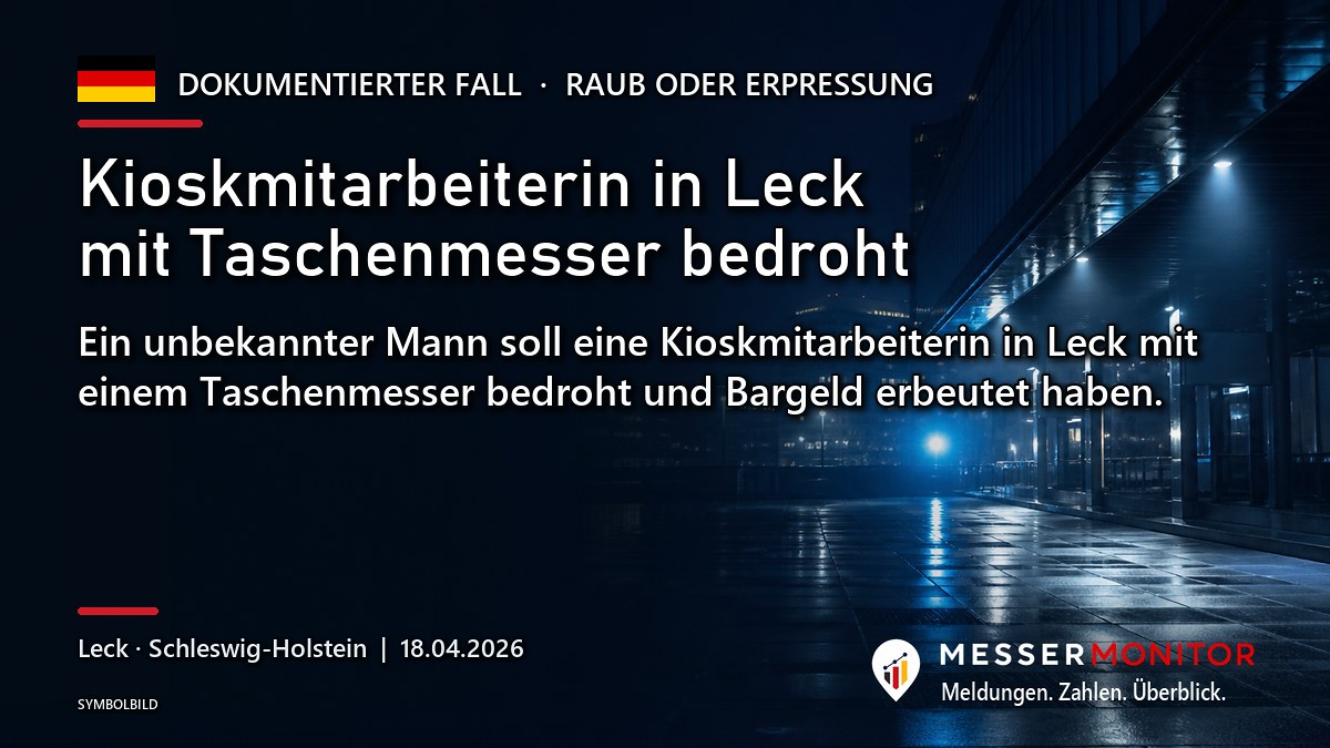 Titelgrafik: Kioskmitarbeiterin in Leck mit Taschenmesser bedroht. Ein unbekannter Mann soll eine Kioskmitarbeiterin in Leck mit einem Taschenmesser bedroht und Bargeld erbeutet haben..