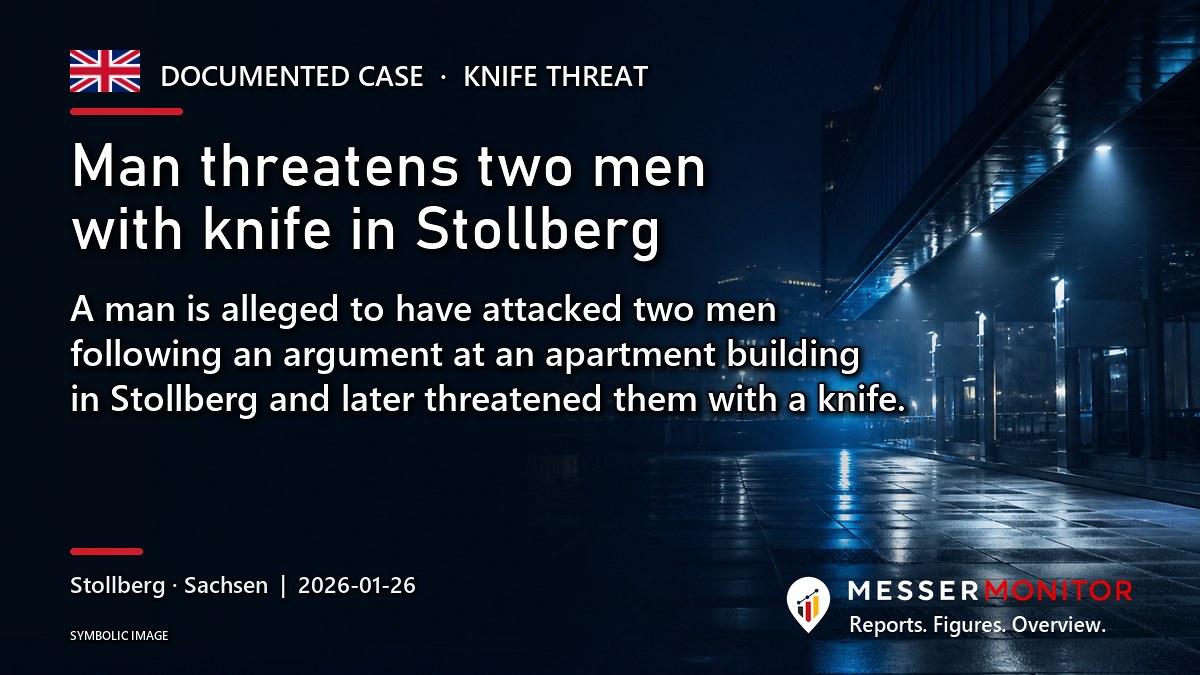 Title image: Man threatens two men with knife in Stollberg. A man is alleged to have attacked two men following an argument at an apartment building in Stollberg and later threatened them with a knife..