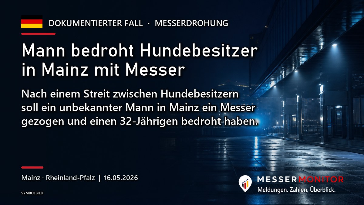 Titelgrafik: Mann bedroht Hundebesitzer in Mainz mit Messer. Nach einem Streit zwischen Hundebesitzern soll ein unbekannter Mann in Mainz ein Messer gezogen und einen 32-Jährigen bedroht haben..