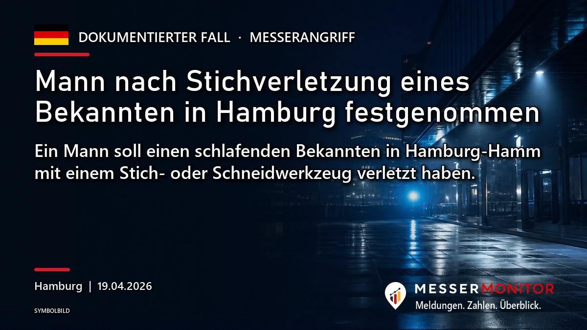 Titelgrafik: Mann nach Stichverletzung eines Bekannten in Hamburg festgenommen. Ein Mann soll einen schlafenden Bekannten in Hamburg-Hamm mit einem Stich- oder Schneidwerkzeug verletzt haben..