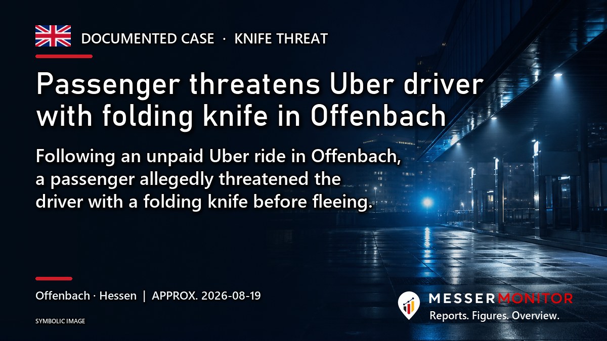 Title image: Passenger threatens Uber driver with folding knife in Offenbach. Following an unpaid Uber ride in Offenbach, a passenger allegedly threatened the driver with a folding knife before fleeing..