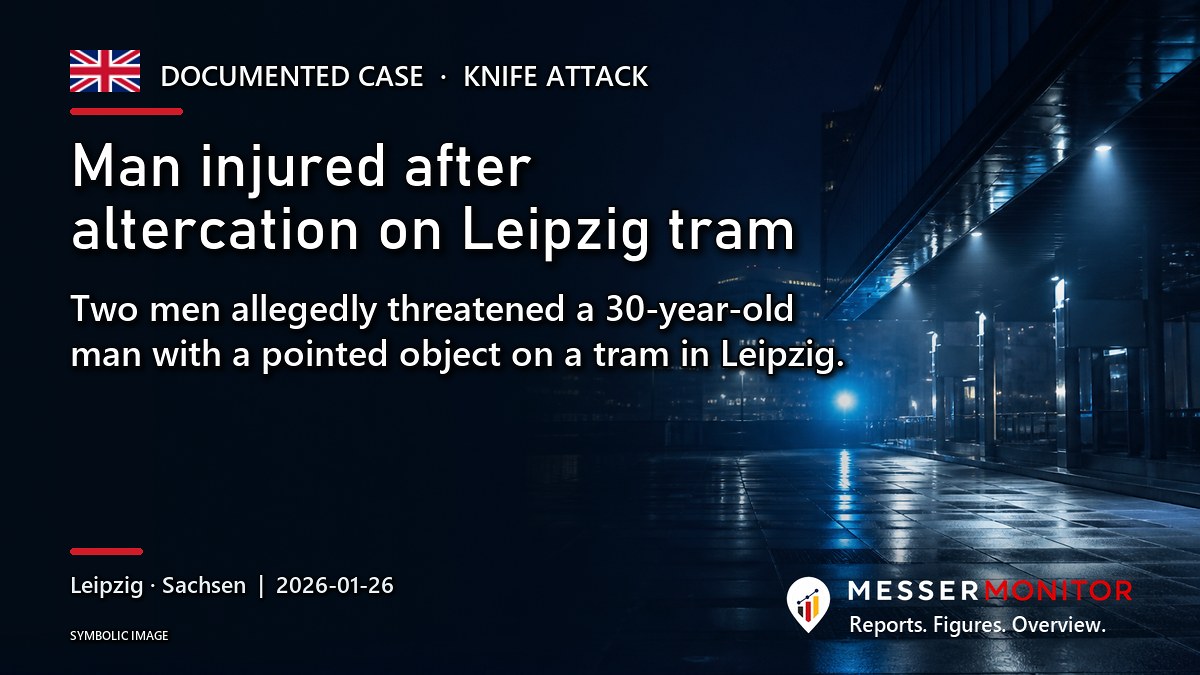 Title image: Man injured after altercation on Leipzig tram. Two men allegedly threatened a 30-year-old man with a pointed object on a tram in Leipzig..