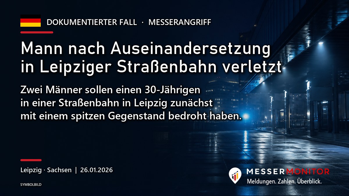 Titelgrafik: Mann nach Auseinandersetzung in Leipziger Straßenbahn verletzt. Zwei Männer sollen einen 30-Jährigen in einer Straßenbahn in Leipzig zunächst mit einem spitzen Gegenstand bedroht haben..