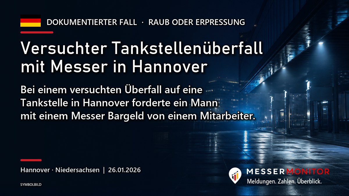 Titelgrafik: Versuchter Tankstellenüberfall mit Messer in Hannover. Bei einem versuchten Überfall auf eine Tankstelle in Hannover forderte ein Mann mit einem Messer Bargeld von einem Mitarbeiter..