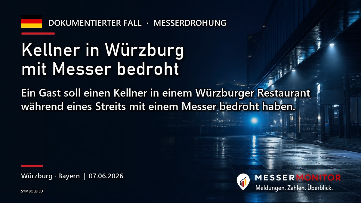 Titelgrafik: Kellner in Würzburg mit Messer bedroht. Ein Gast soll einen Kellner in einem Würzburger Restaurant während eines Streits mit einem Messer bedroht haben..