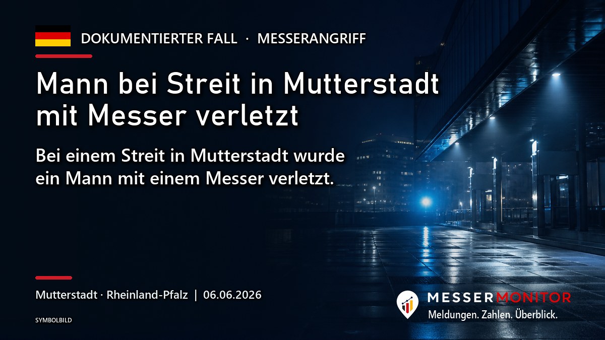 Titelgrafik: Mann bei Streit in Mutterstadt mit Messer verletzt. Bei einem Streit in Mutterstadt wurde ein Mann mit einem Messer verletzt..