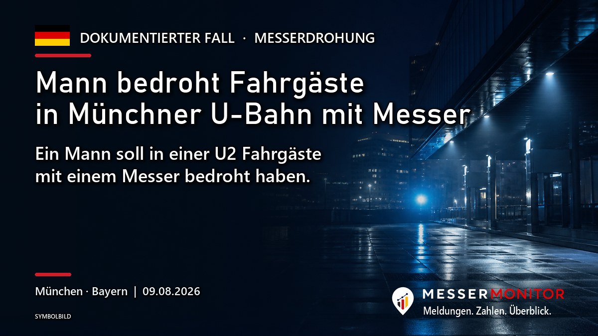 Titelgrafik: Mann bedroht Fahrgäste in Münchner U-Bahn mit Messer. Ein Mann soll in einer U2 Fahrgäste mit einem Messer bedroht haben..