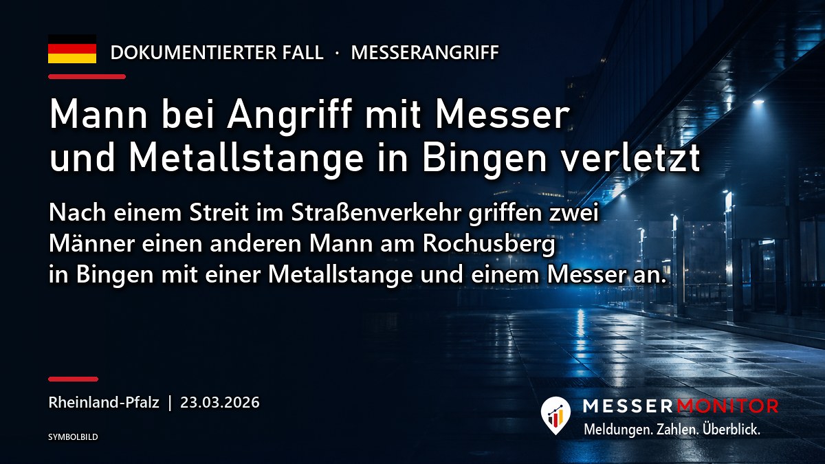 Titelgrafik: Mann bei Angriff mit Messer und Metallstange in Bingen verletzt. Nach einem Streit im Straßenverkehr griffen zwei Männer einen anderen Mann am Rochusberg in Bingen mit einer Metallstange und einem Messer an..