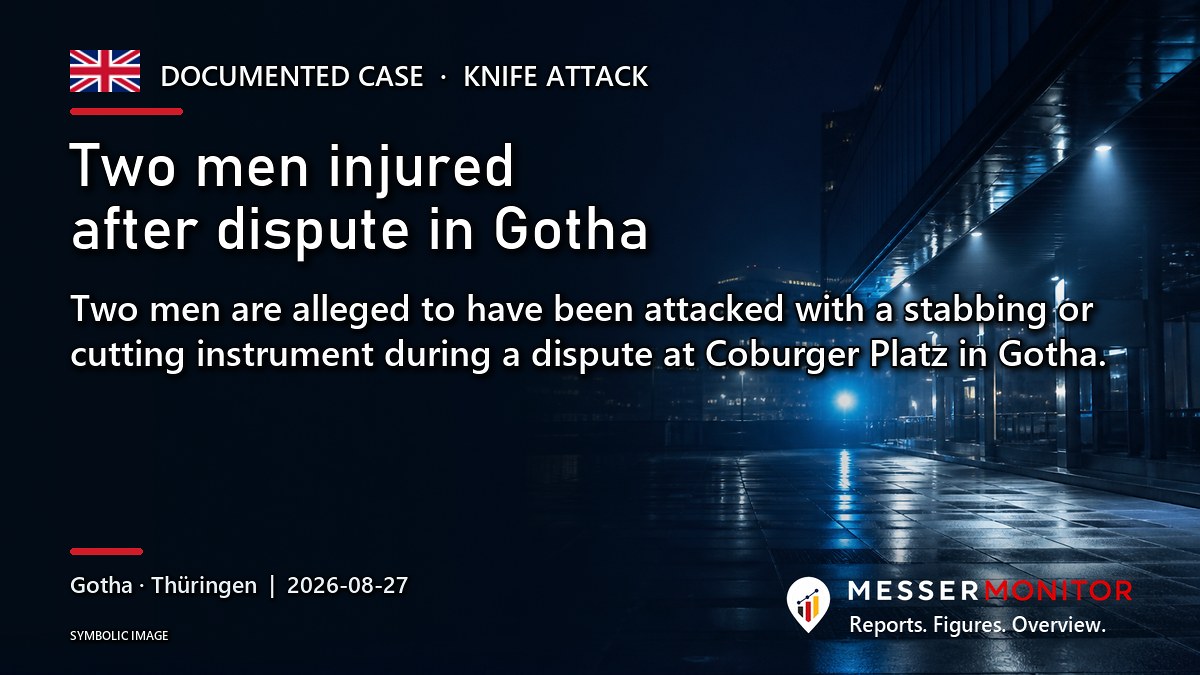Title image: Two men injured after dispute in Gotha. Two men are alleged to have been attacked with a stabbing or cutting instrument during a dispute at Coburger Platz in Gotha..