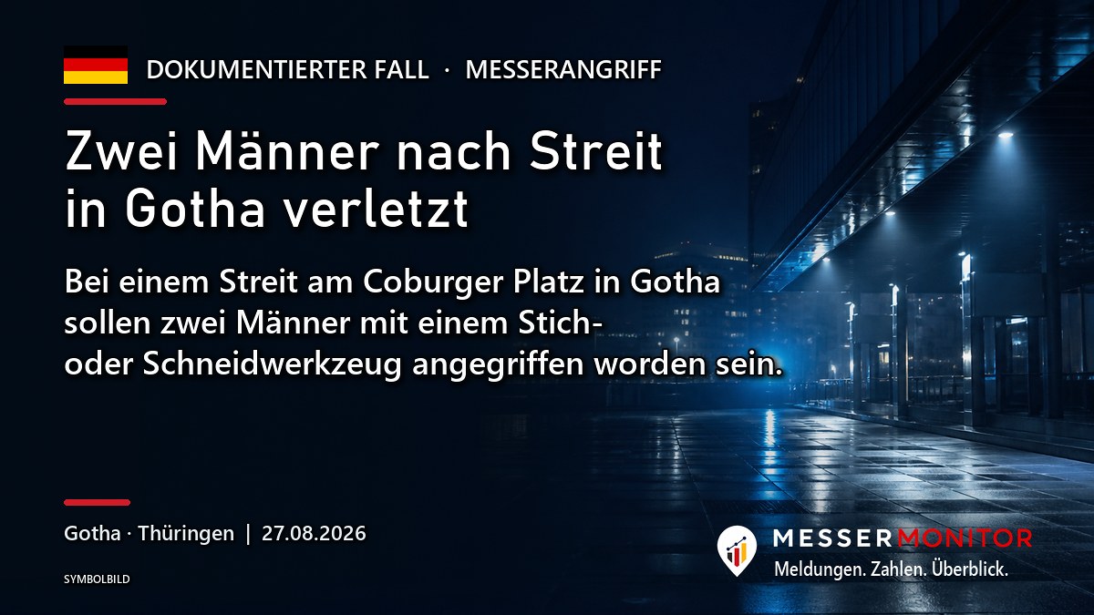 Titelgrafik: Zwei Männer nach Streit in Gotha verletzt. Bei einem Streit am Coburger Platz in Gotha sollen zwei Männer mit einem Stich- oder Schneidwerkzeug angegriffen worden sein..