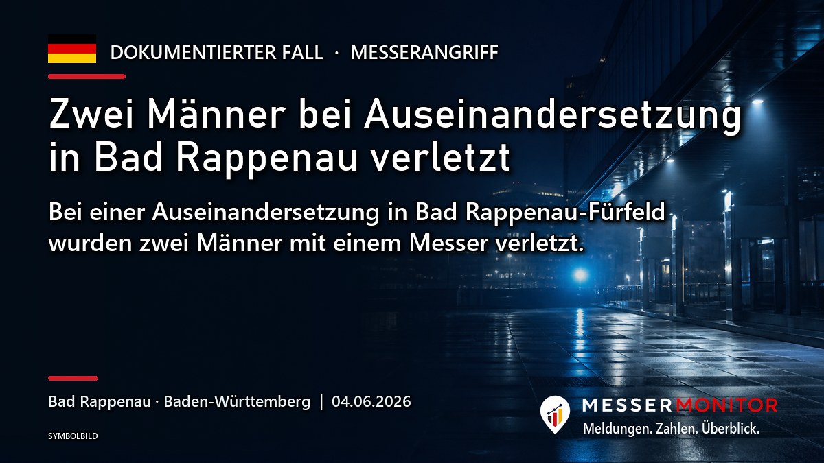 Titelgrafik: Zwei Männer bei Auseinandersetzung in Bad Rappenau verletzt. Bei einer Auseinandersetzung in Bad Rappenau-Fürfeld wurden zwei Männer mit einem Messer verletzt..