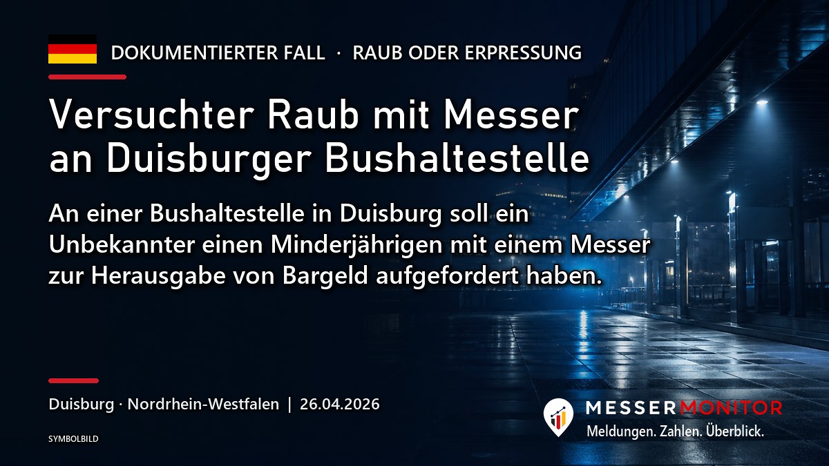 Titelgrafik: Versuchter Raub mit Messer an Duisburger Bushaltestelle. An einer Bushaltestelle in Duisburg soll ein Unbekannter einen Minderjährigen mit einem Messer zur Herausgabe von Bargeld aufgefordert haben..