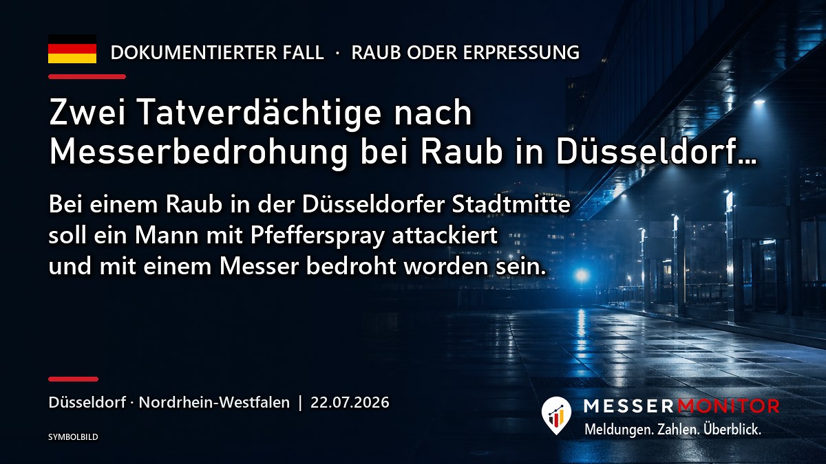 Titelgrafik: Zwei Tatverdächtige nach Messerbedrohung bei Raub in Düsseldorf…. Bei einem Raub in der Düsseldorfer Stadtmitte soll ein Mann mit Pfefferspray attackiert und mit einem Messer bedroht worden sein..