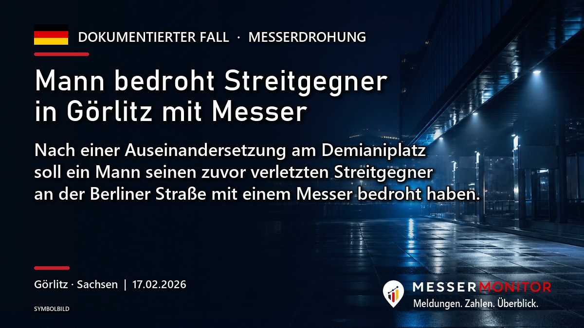 Titelgrafik: Mann bedroht Streitgegner in Görlitz mit Messer. Nach einer Auseinandersetzung am Demianiplatz soll ein Mann seinen zuvor verletzten Streitgegner an der Berliner Straße mit einem Messer bedroht haben..