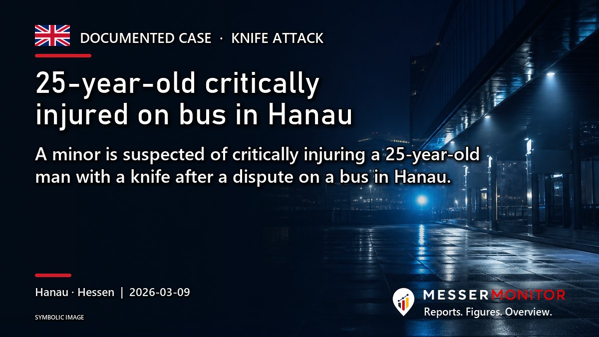 Title image: 25-year-old critically injured on bus in Hanau. A minor is suspected of critically injuring a 25-year-old man with a knife after a dispute on a bus in Hanau..