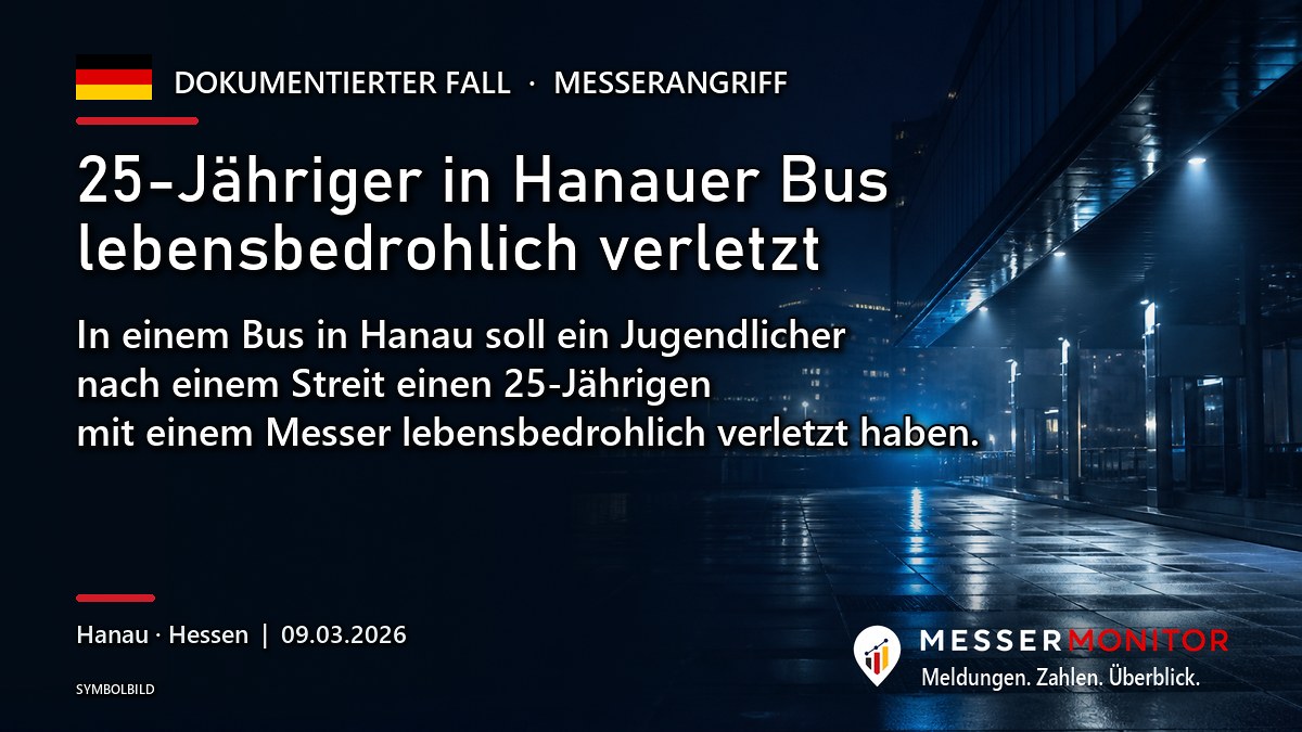 Titelgrafik: 25-Jähriger in Hanauer Bus lebensbedrohlich verletzt. In einem Bus in Hanau soll ein Jugendlicher nach einem Streit einen 25-Jährigen mit einem Messer lebensbedrohlich verletzt haben..