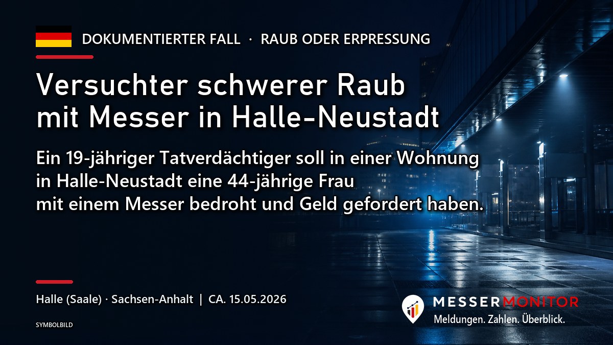 Titelgrafik: Versuchter schwerer Raub mit Messer in Halle-Neustadt. Ein 19-jähriger Tatverdächtiger soll in einer Wohnung in Halle-Neustadt eine 44-jährige Frau mit einem Messer bedroht und Geld gefordert haben..