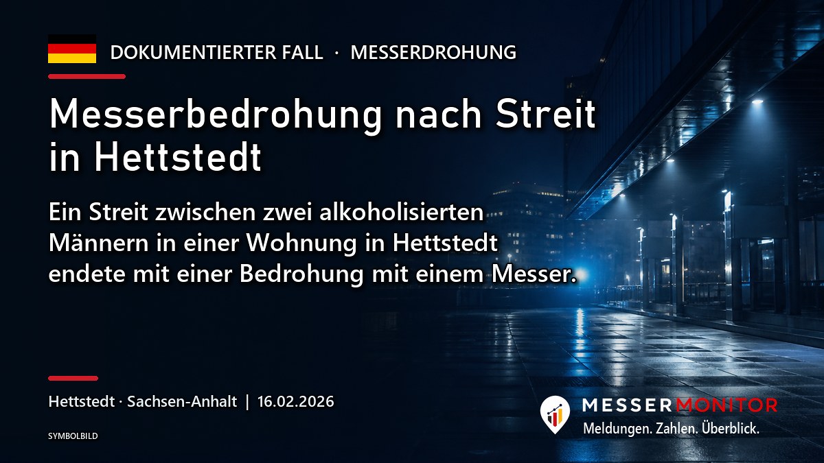 Titelgrafik: Messerbedrohung nach Streit in Hettstedt. Ein Streit zwischen zwei alkoholisierten Männern in einer Wohnung in Hettstedt endete mit einer Bedrohung mit einem Messer..