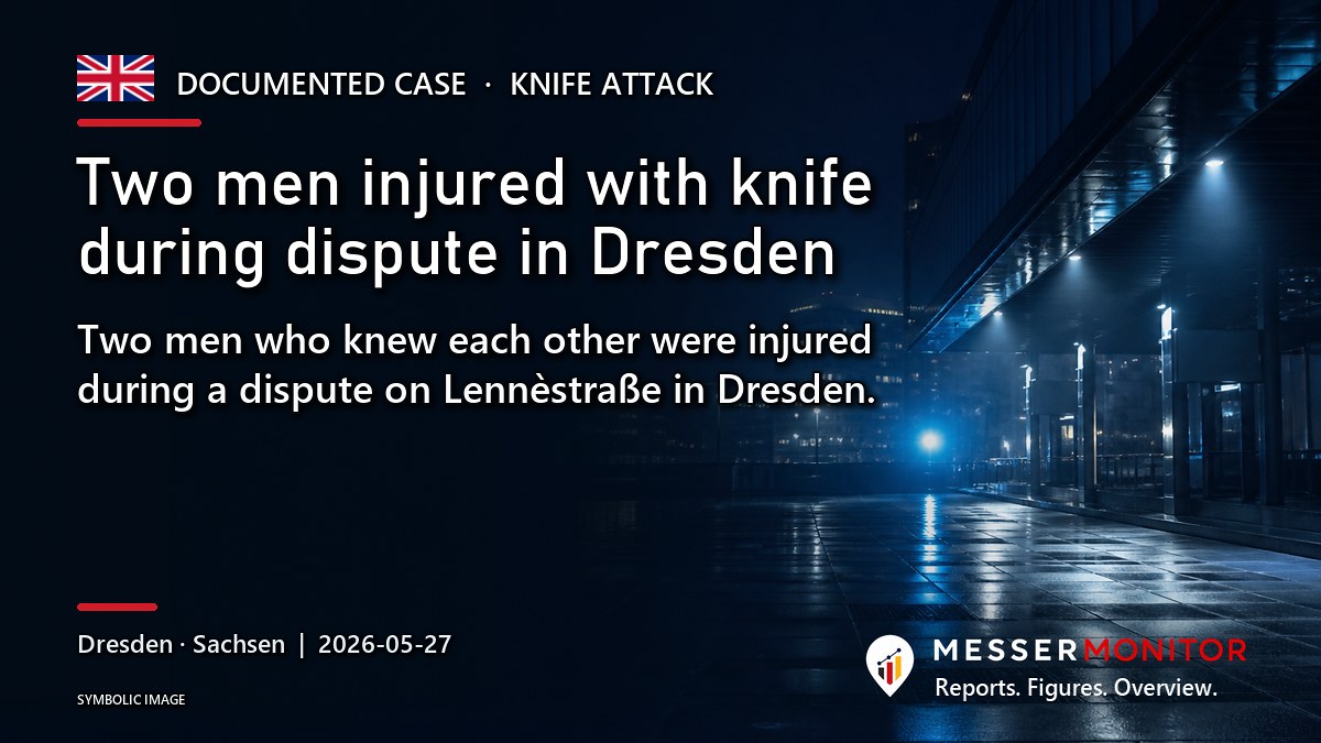 Title image: Two men injured with knife during dispute in Dresden. Two men who knew each other were injured during a dispute on Lennèstraße in Dresden..