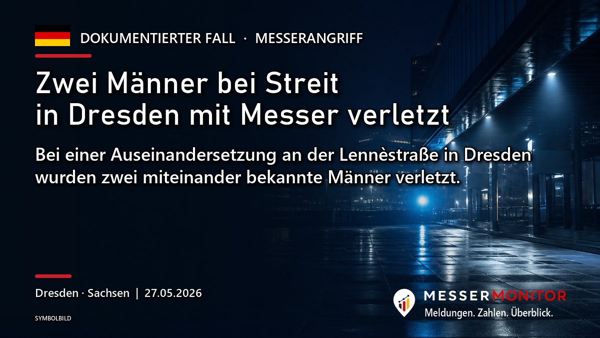 Titelgrafik: Zwei Männer bei Streit in Dresden mit Messer verletzt. Bei einer Auseinandersetzung an der Lennèstraße in Dresden wurden zwei miteinander bekannte Männer verletzt..