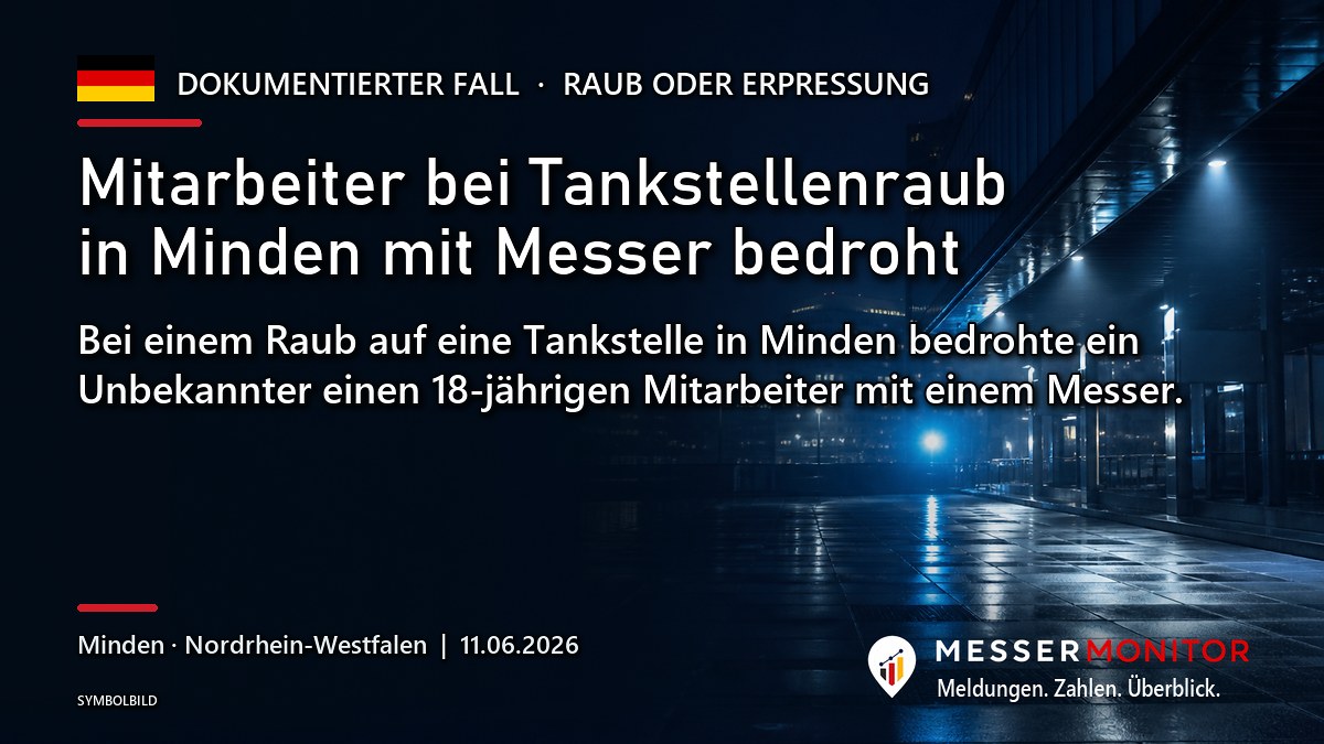Titelgrafik: Mitarbeiter bei Tankstellenraub in Minden mit Messer bedroht. Bei einem Raub auf eine Tankstelle in Minden bedrohte ein Unbekannter einen 18-jährigen Mitarbeiter mit einem Messer..