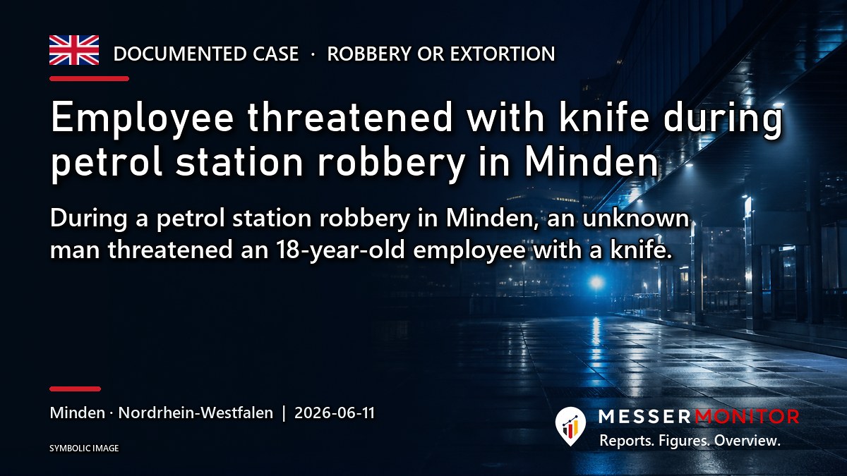 Title image: Employee threatened with knife during petrol station robbery in Minden. During a petrol station robbery in Minden, an unknown man threatened an 18-year-old employee with a knife..