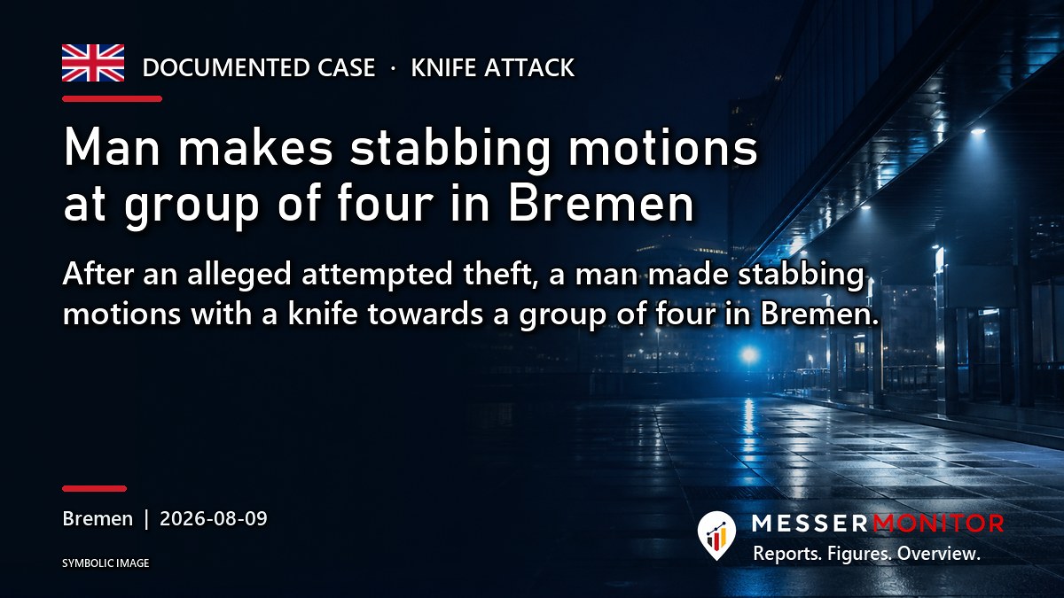 Title image: Man makes stabbing motions at group of four in Bremen. After an alleged attempted theft, a man made stabbing motions with a knife towards a group of four in Bremen..