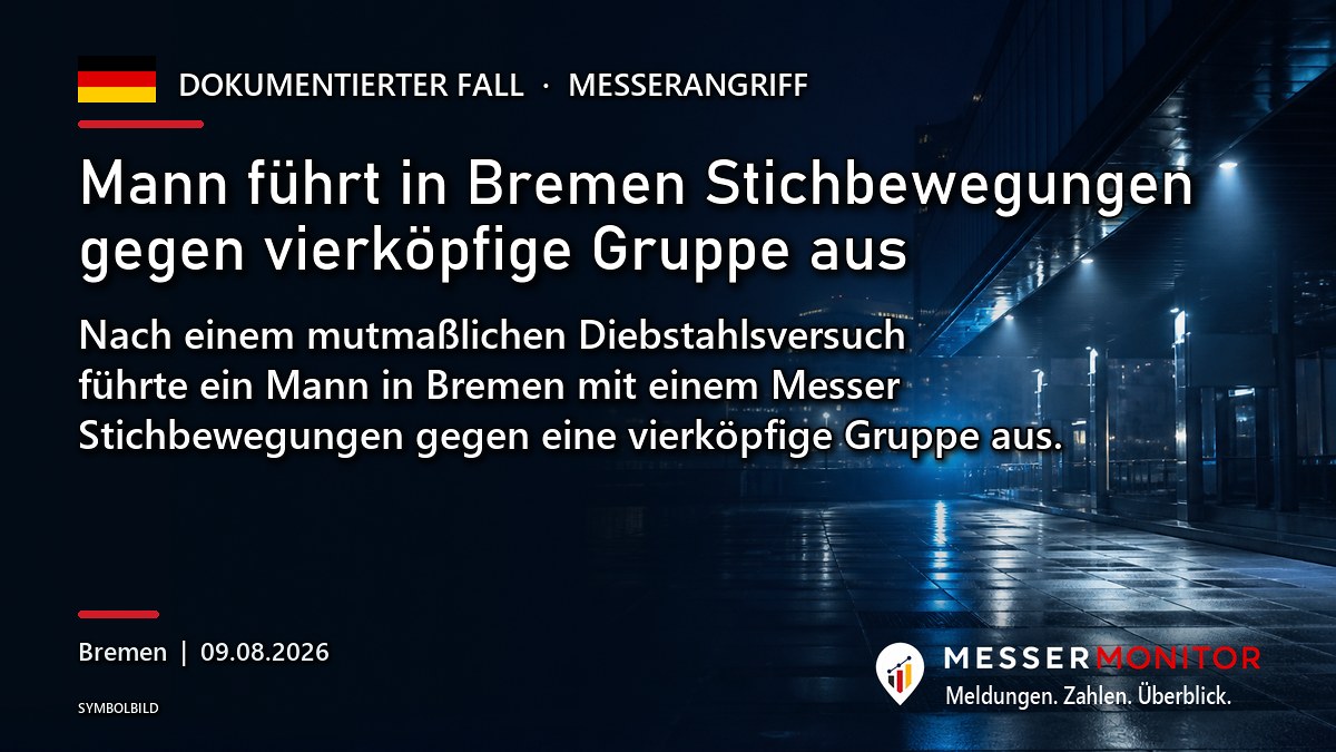 Titelgrafik: Mann führt in Bremen Stichbewegungen gegen vierköpfige Gruppe aus. Nach einem mutmaßlichen Diebstahlsversuch führte ein Mann in Bremen mit einem Messer Stichbewegungen gegen eine vierköpfige Gruppe aus..
