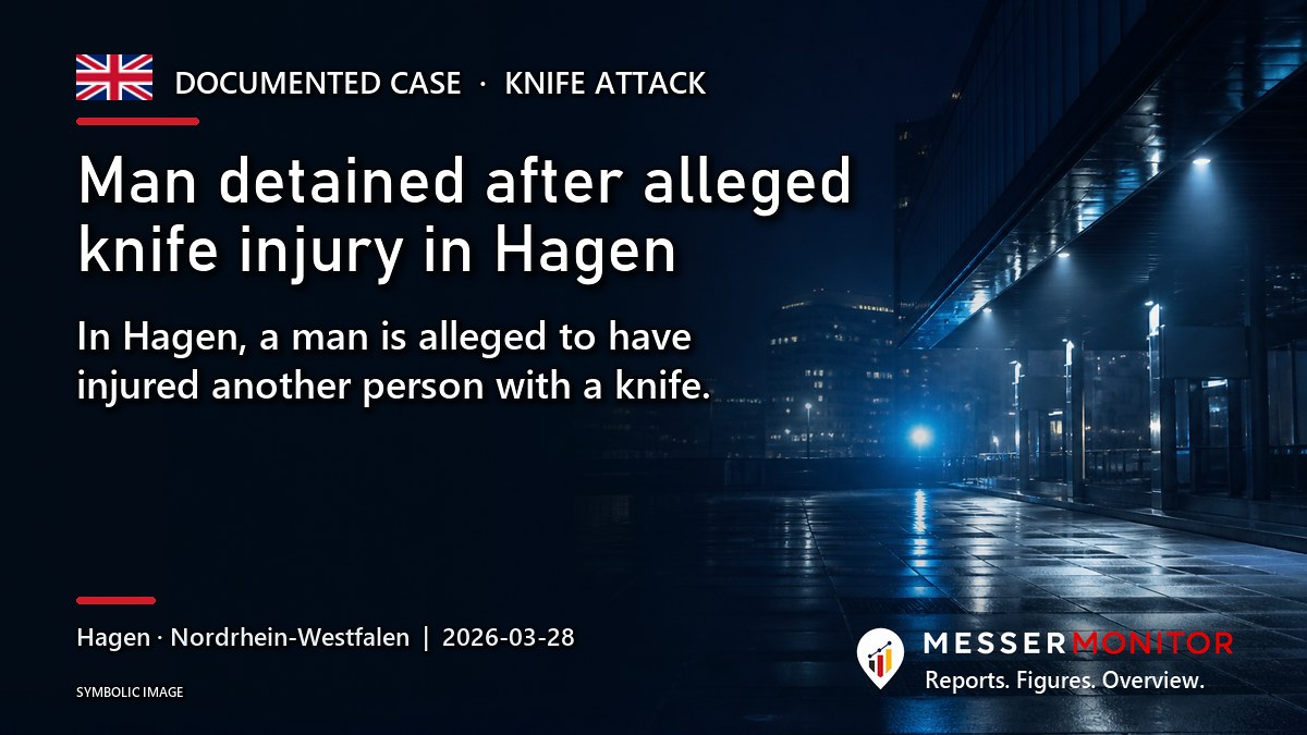 Title image: Man detained after alleged knife injury in Hagen. In Hagen, a man is alleged to have injured another person with a knife..