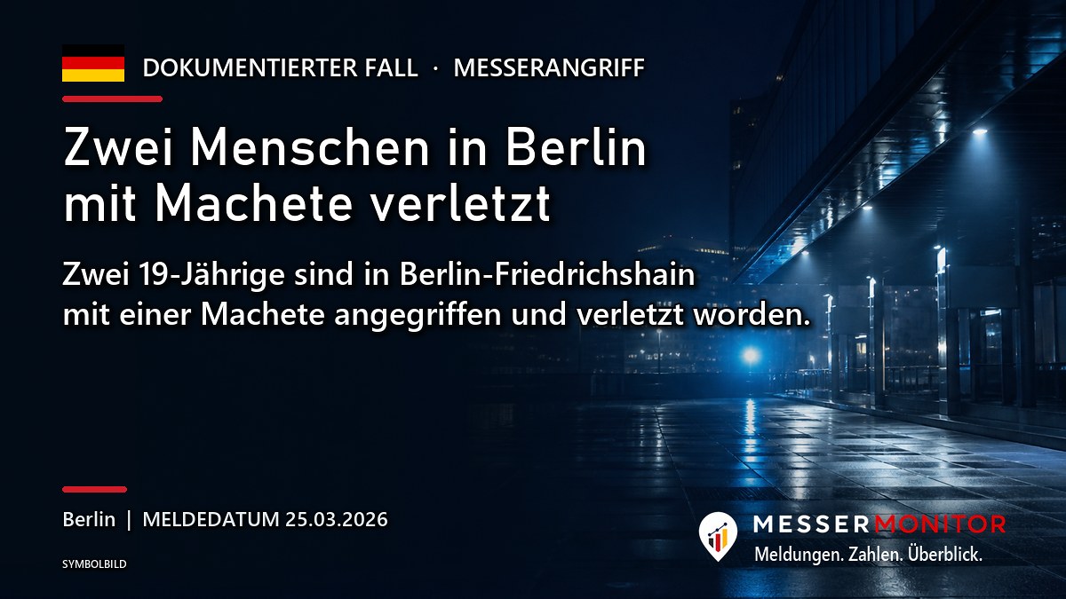 Titelgrafik: Zwei Menschen in Berlin mit Machete verletzt. Zwei 19-Jährige sind in Berlin-Friedrichshain mit einer Machete angegriffen und verletzt worden..