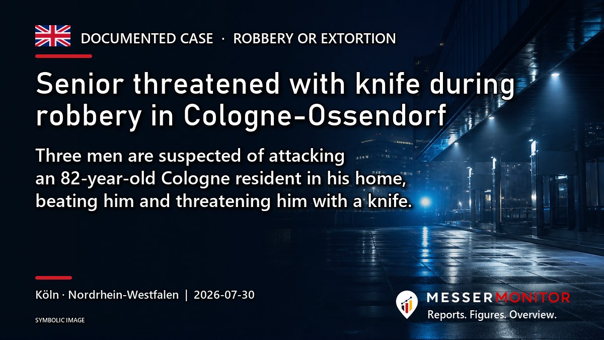 Title image: Senior threatened with knife during robbery in Cologne-Ossendorf. Three men are suspected of attacking an 82-year-old Cologne resident in his home, beating him and threatening him with a knife..