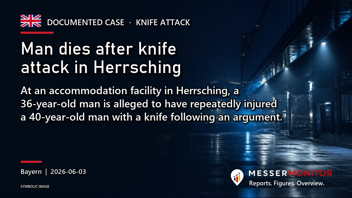 Title image: Man dies after knife attack in Herrsching. At an accommodation facility in Herrsching, a 36-year-old man is alleged to have repeatedly injured a 40-year-old man with a knife following an argument..