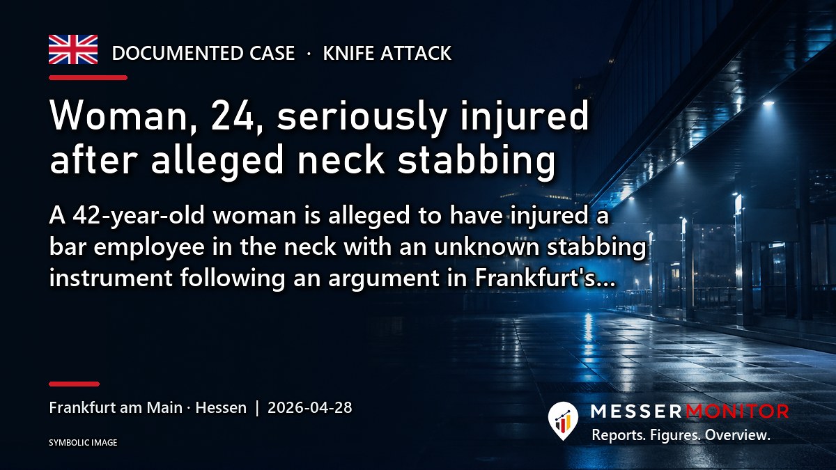 Title image: Woman, 24, seriously injured after alleged neck stabbing. A 42-year-old woman is alleged to have injured a bar employee in the neck with an unknown stabbing instrument following an argument in Frankfurt's….