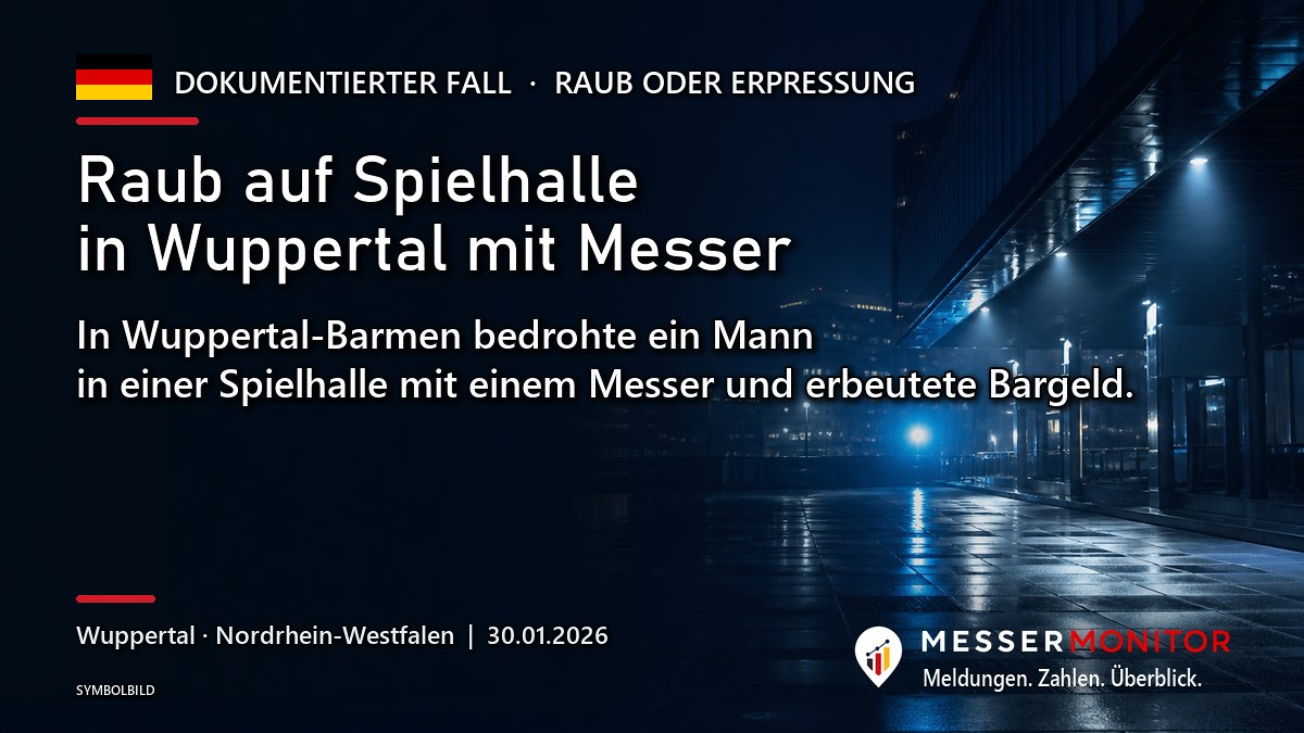 Titelgrafik: Raub auf Spielhalle in Wuppertal mit Messer. In Wuppertal-Barmen bedrohte ein Mann in einer Spielhalle mit einem Messer und erbeutete Bargeld..