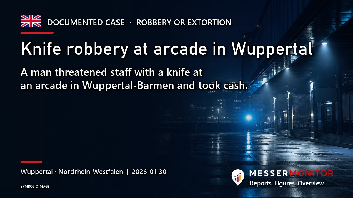 Title image: Knife robbery at arcade in Wuppertal. A man threatened staff with a knife at an arcade in Wuppertal-Barmen and took cash..